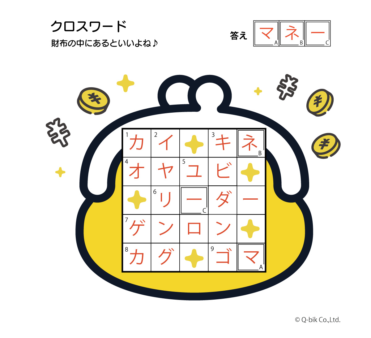 クロスワード パズル vol.4　A４で印刷できる無料PDF お財布に入っているものは？　答え画像